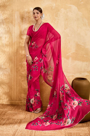 Pink Floral Printed Georgette Saree (ACA8112)