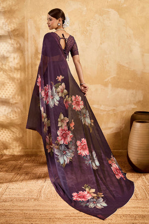 Violet Floral Printed Georgette Saree (ACA8113)