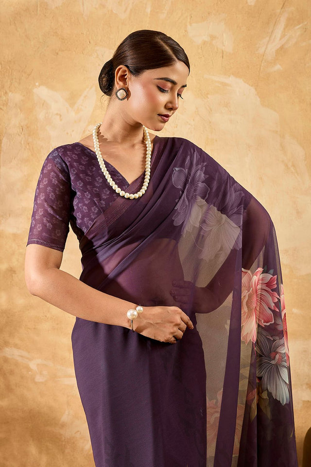 Violet Floral Printed Georgette Saree (ACA8113)