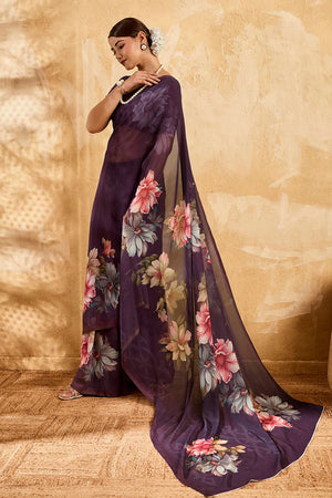 Violet Floral Printed Georgette Saree (ACA8113)