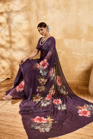 Violet Floral Printed Georgette Saree (ACA8113)