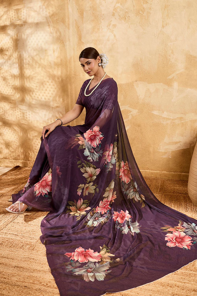 Violet Floral Printed Georgette Saree (ACA8113)