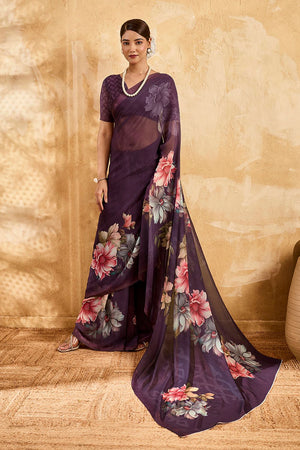 Violet Floral Printed Georgette Saree (ACA8113)