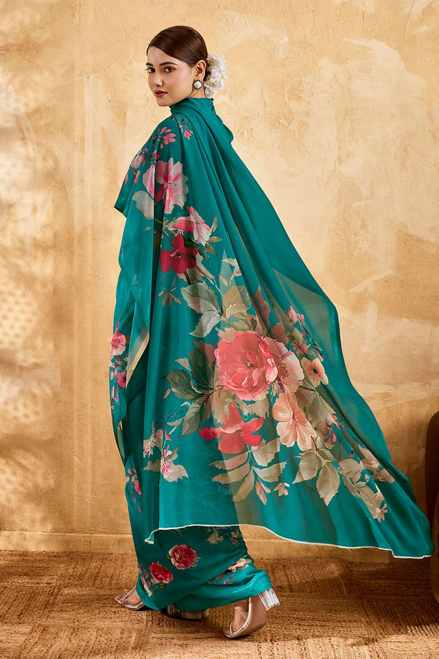 Sea Green Floral Printed Georgette Saree (ACA8114)
