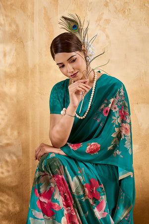 Sea Green Floral Printed Georgette Saree (ACA8114)