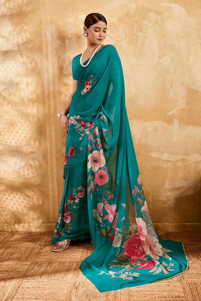 Sea Green Floral Printed Georgette Saree (ACA8114)