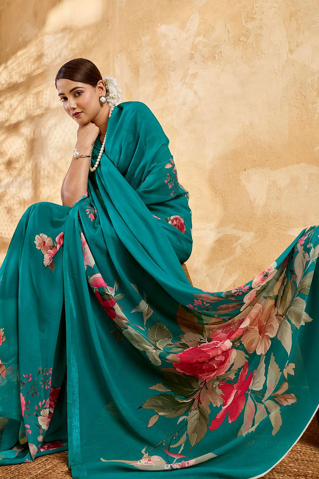 Sea Green Floral Printed Georgette Saree (ACA8114)