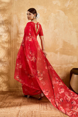 Red Floral Printed Georgette Saree (ACA8115)