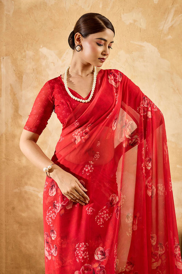Red Floral Printed Georgette Saree (ACA8115)