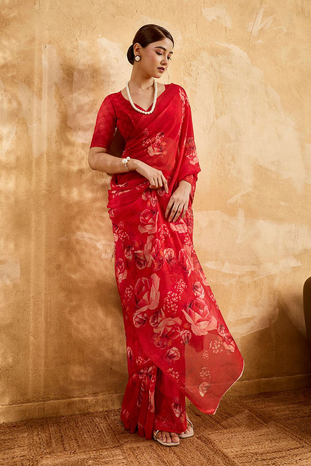 Red Floral Printed Georgette Saree (ACA8115)