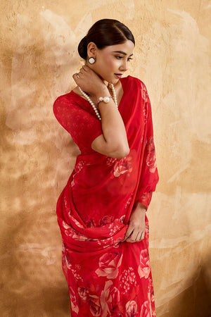 Red Floral Printed Georgette Saree (ACA8115)