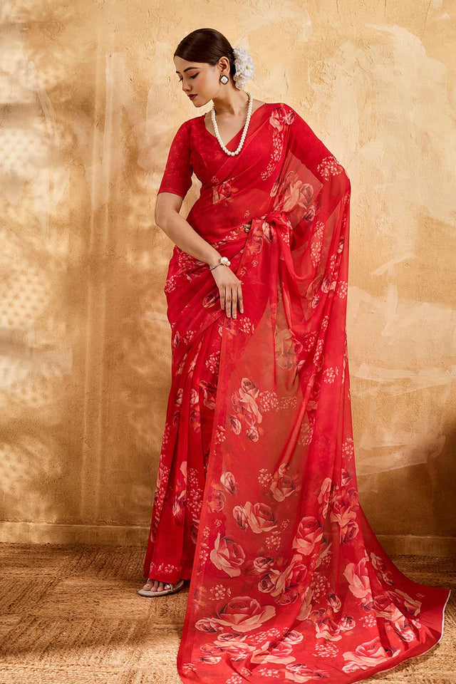 Red Floral Printed Georgette Saree (ACA8115)