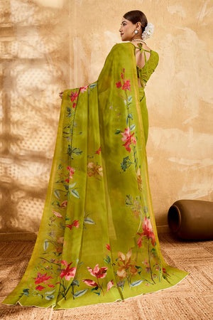Dark Green Floral Printed Georgette Saree (ACA8116)