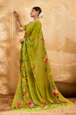 Dark Green Floral Printed Georgette Saree (ACA8116)