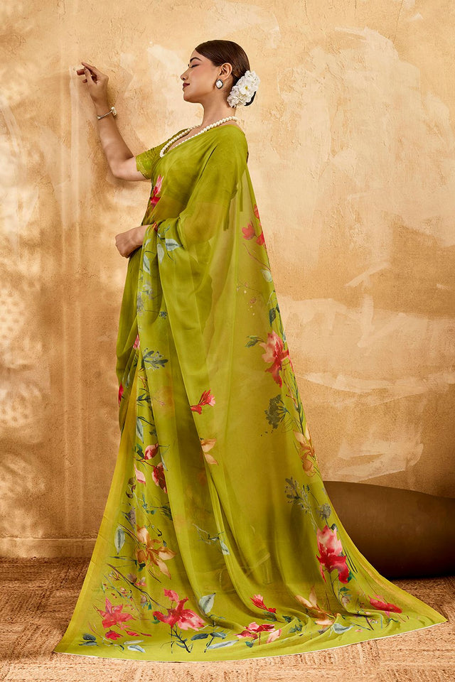 Dark Green Floral Printed Georgette Saree (ACA8116)