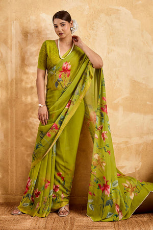 Dark Green Floral Printed Georgette Saree (ACA8116)