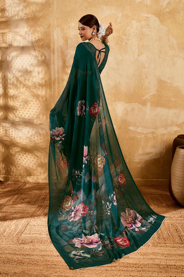 Green Floral Printed Georgette Saree (ACA8117)