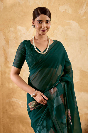 Green Floral Printed Georgette Saree (ACA8117)