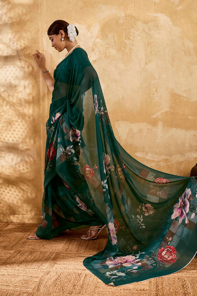 Green Floral Printed Georgette Saree (ACA8117)