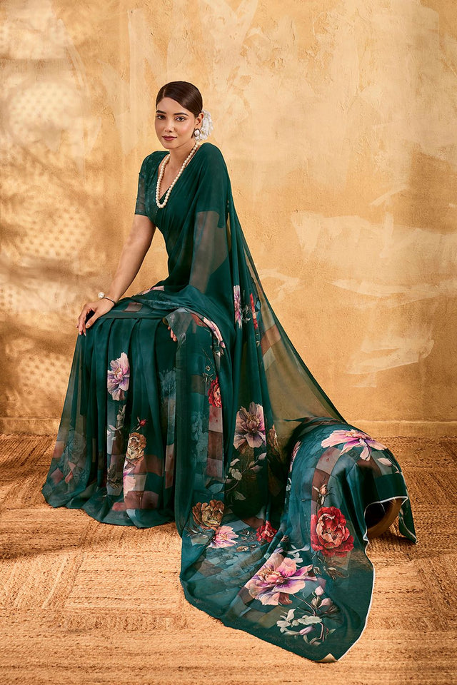 Green Floral Printed Georgette Saree (ACA8117)