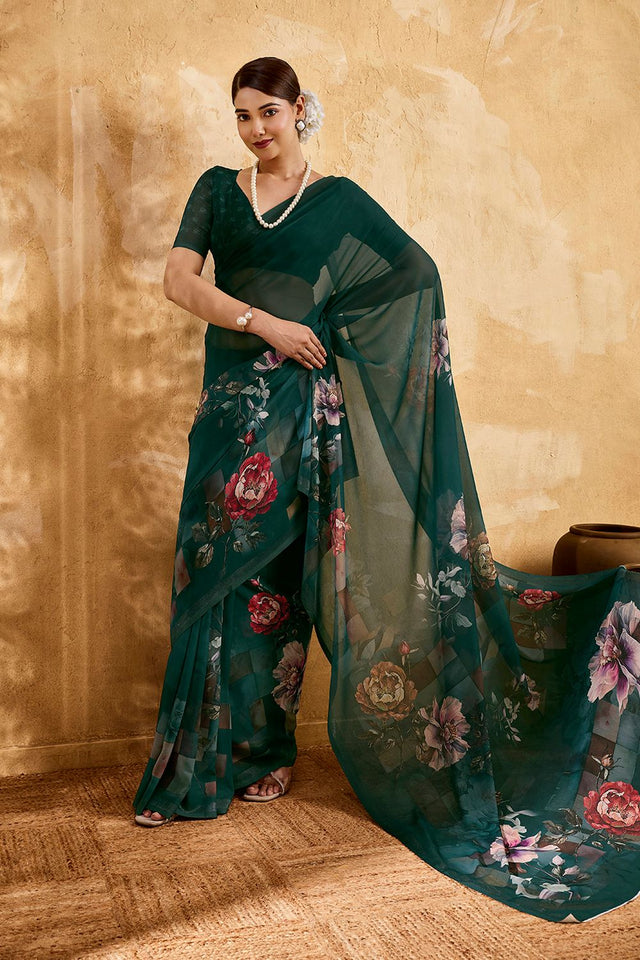 Green Floral Printed Georgette Saree (ACA8117)