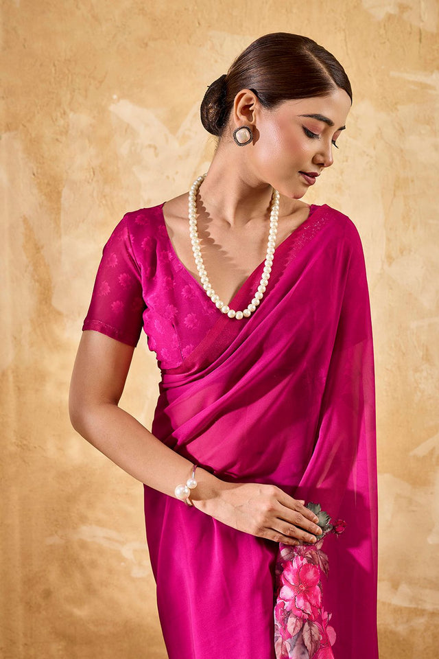 Pink Floral Printed Georgette Saree (ACA8118)