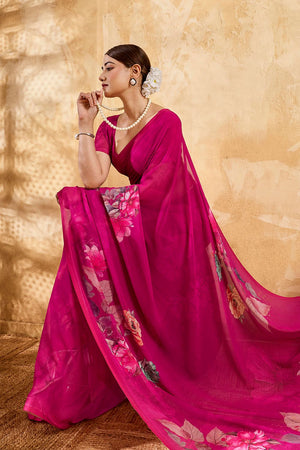 Pink Floral Printed Georgette Saree (ACA8118)