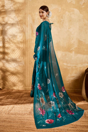 Turquoise Floral Printed Georgette Saree (ACA8119)