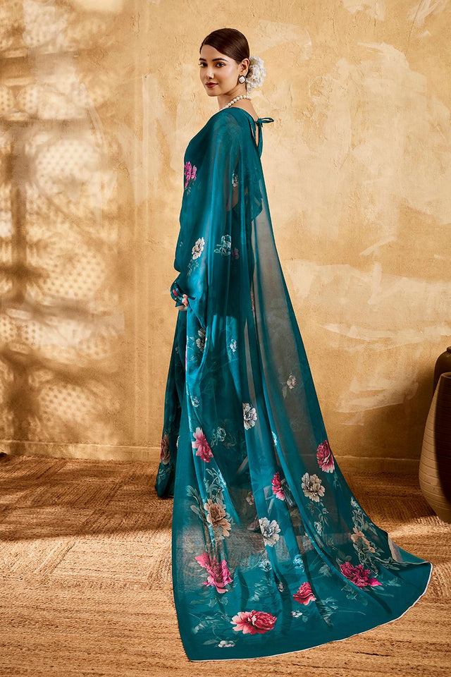 Turquoise Floral Printed Georgette Saree (ACA8119)