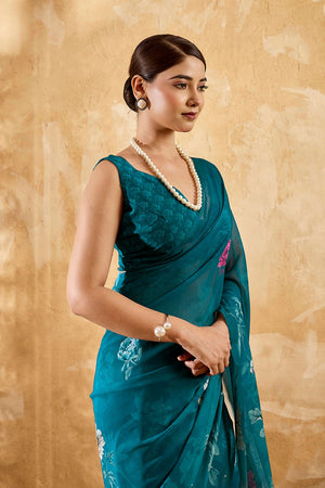 Turquoise Floral Printed Georgette Saree (ACA8119)