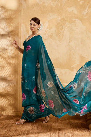 Turquoise Floral Printed Georgette Saree (ACA8119)