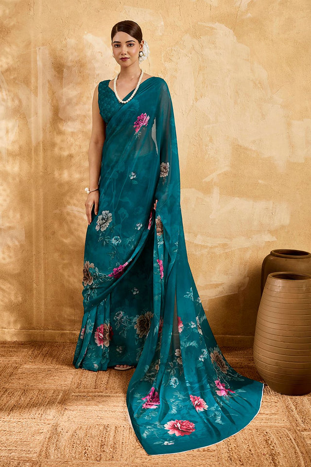 Turquoise Floral Printed Georgette Saree (ACA8119)