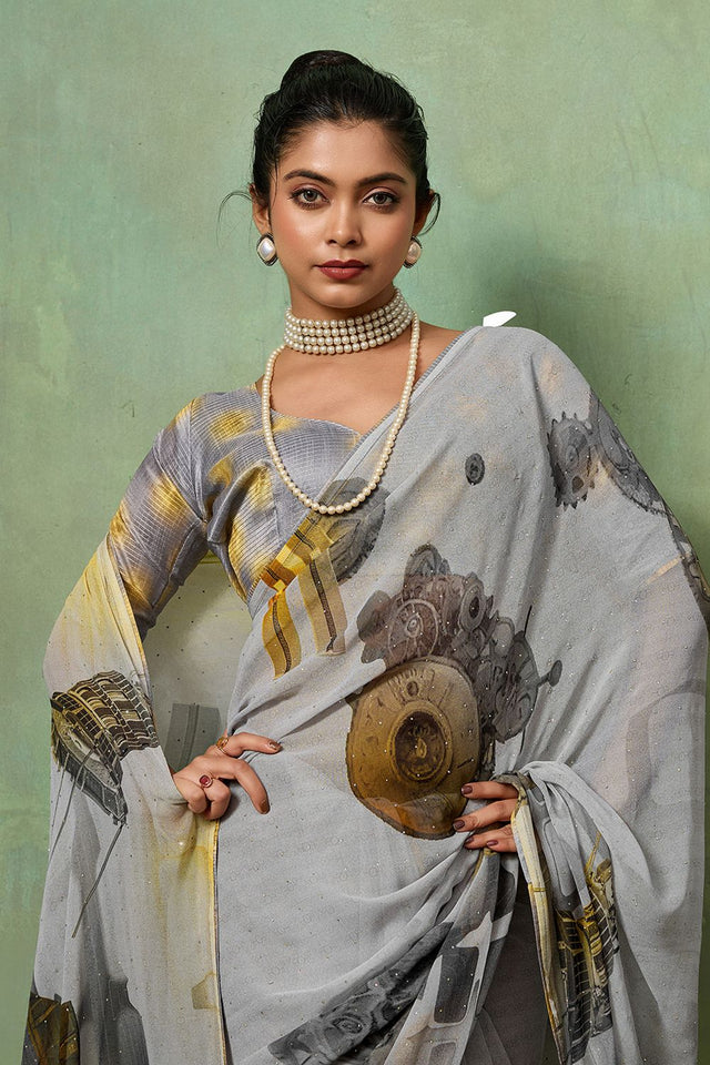 Grey Printed Georgette Saree (ACA8120)