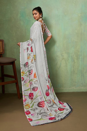 White Printed Georgette Saree (ACA8121)