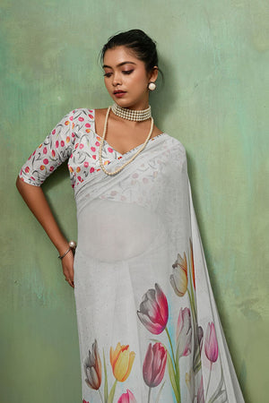 White Printed Georgette Saree (ACA8121)