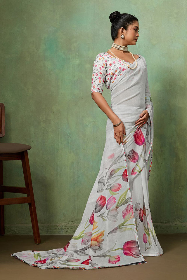 White Printed Georgette Saree (ACA8121)