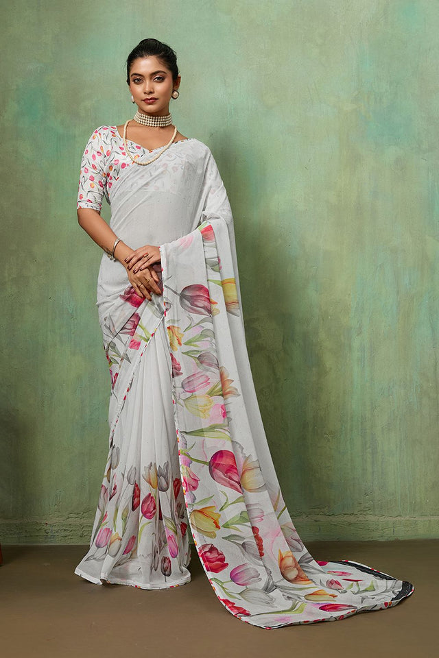 White Printed Georgette Saree (ACA8121)