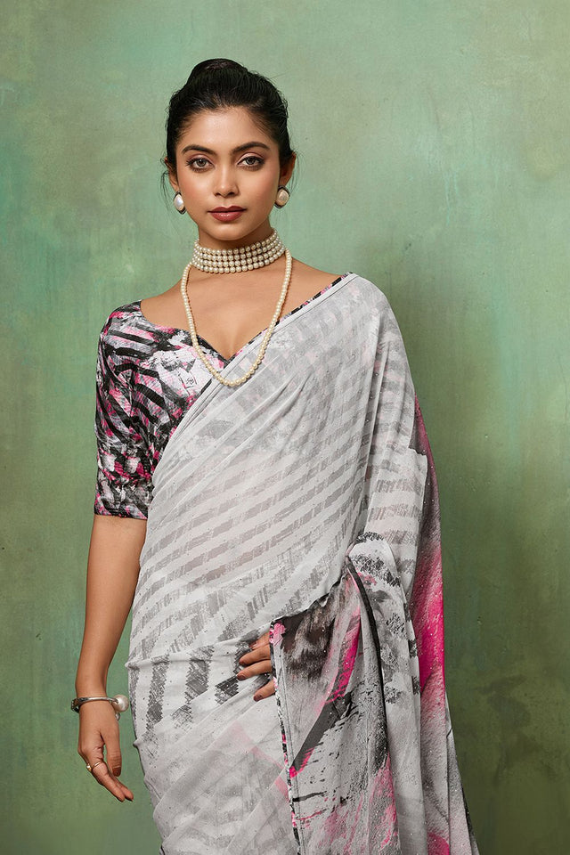 Grey Printed Georgette Saree (ACA8122)