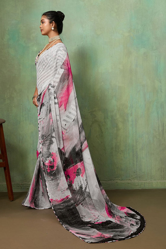 Grey Printed Georgette Saree (ACA8122)