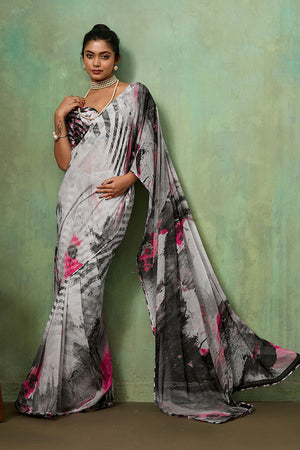 Grey Printed Georgette Saree (ACA8122)