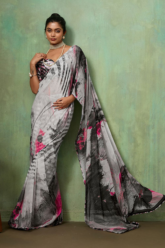 Grey Printed Georgette Saree (ACA8122)