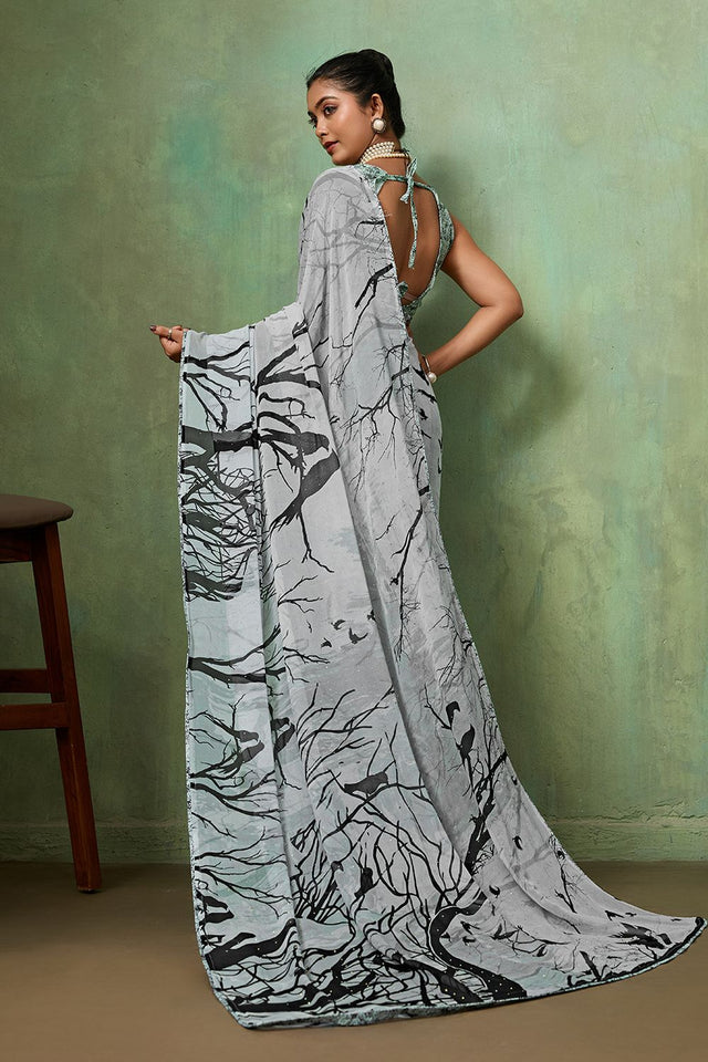 Grey Printed Georgette Saree (ACA8123)