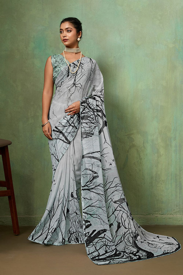 Grey Printed Georgette Saree (ACA8123)