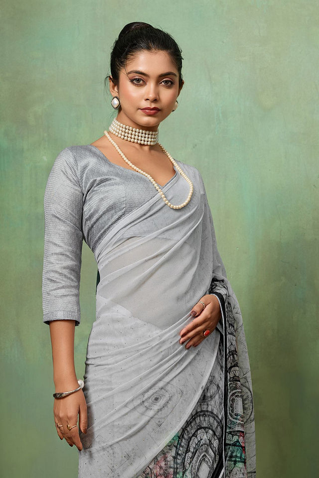 Grey Printed Georgette Saree (ACA8124)