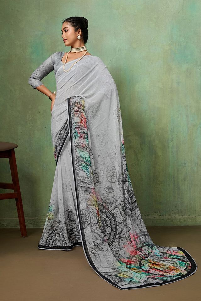 Grey Printed Georgette Saree (ACA8124)