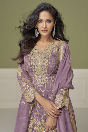 Free Size Stitched Purple Floral Embroidered Shimmer Sharara Suits (ACA8125)
