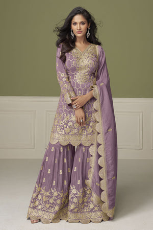 Free Size Stitched Purple Floral Embroidered Shimmer Sharara Suits (ACA8125)