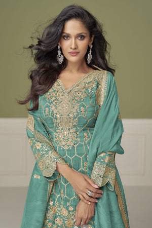 Free Size Stitched Sea Green Floral Embroidered Shimmer Sharara Suits (ACA8126)