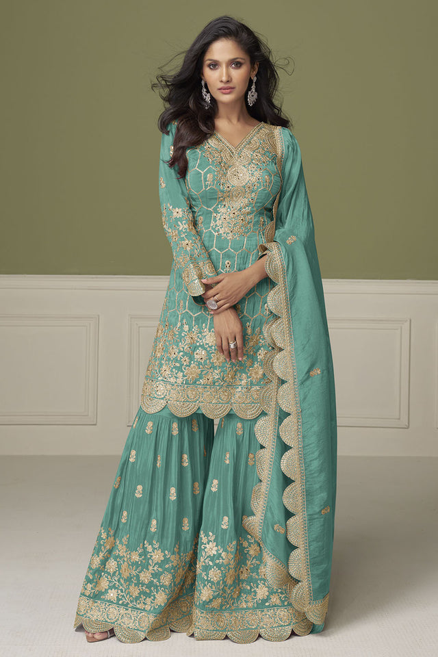 Free Size Stitched Sea Green Floral Embroidered Shimmer Sharara Suits (ACA8126)