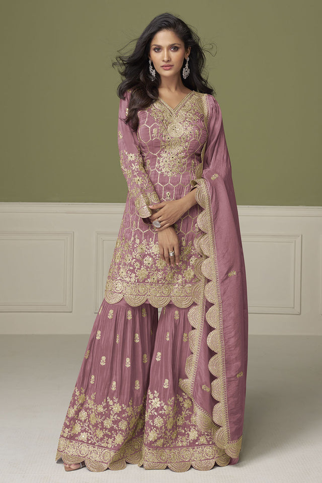 Free Size Stitched Pink Floral Embroidered Shimmer Sharara Suits (ACA8127)
